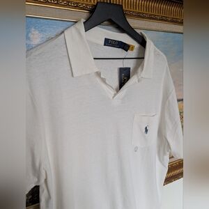Ralph Lauren White Johnny Collar Polo with Navy Pony Logo